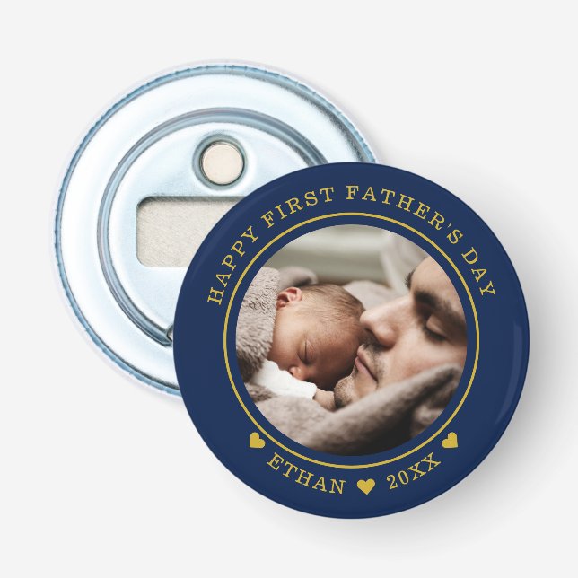 Blue And Gold Happy First Father's Day Photo Bottle Opener (Front)