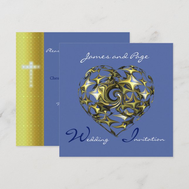 Blue and Gold Heart with Cross Invitation (Front/Back)