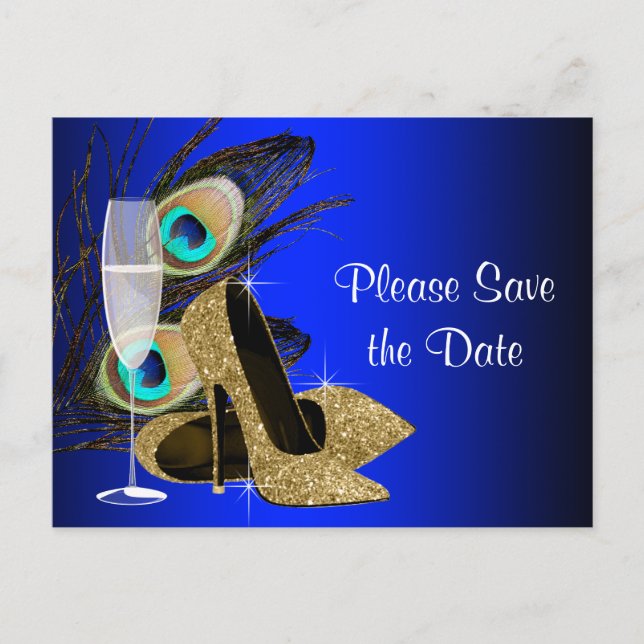 Blue and Gold High Heel Shoe Peacock Save The Date Announcement Postcard (Front)