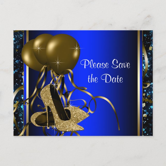 Blue and Gold High Heel Shoe Save The Date Announcement Postcard (Front)