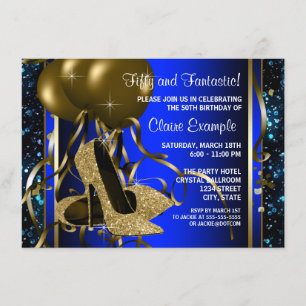 Blue and Gold High Heels Womans Birthday Party Invitation
