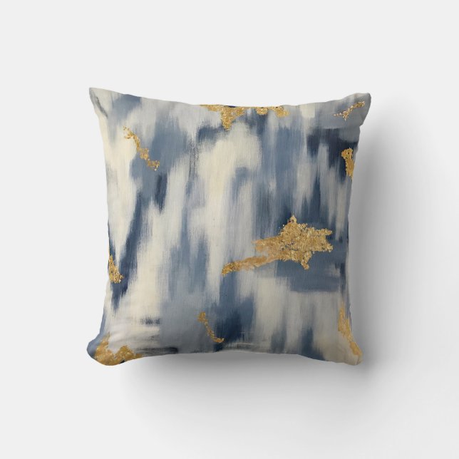 Blue and Gold Ikat Abstract Throw Pillow (Front)