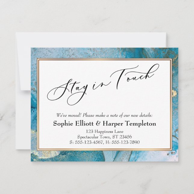 Blue and Gold Ink Elegant New Address Announcement (Front)