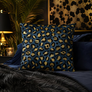 Blue and Gold Leopard Print Animal Pattern Throw Pillow