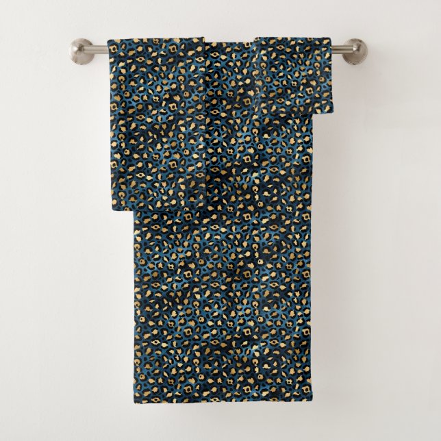 Blue and Gold Leopard Series Design 1 Bath Towel Set (Insitu)