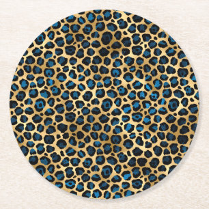 Blue and Gold Leopard Series Design 4 Round Paper Coaster
