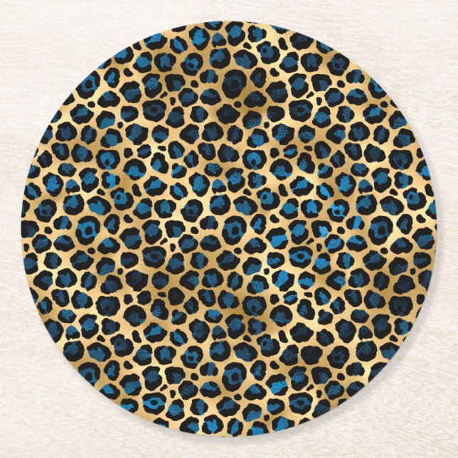 Blue and Gold Leopard Series Design 4 Round Paper Coaster (Front)
