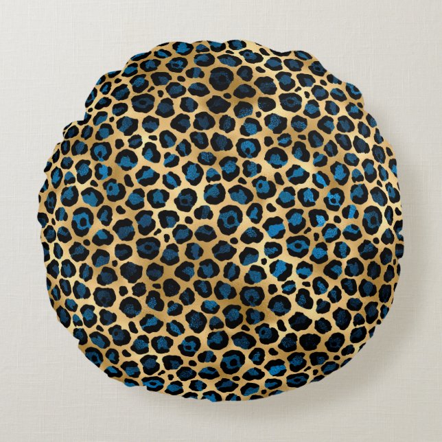 Blue and Gold Leopard Series Design 4 Round Pillow (Front)