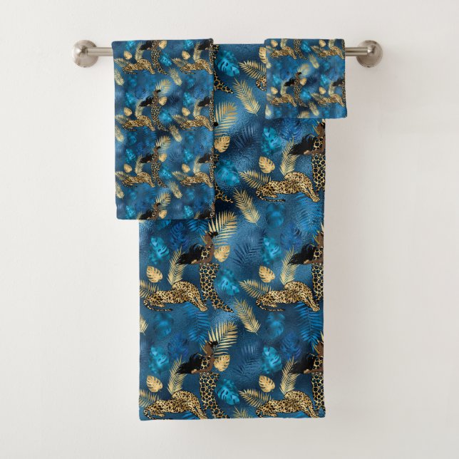 Blue and Gold Leopard Series Design 6 Bath Towel Set (Insitu)