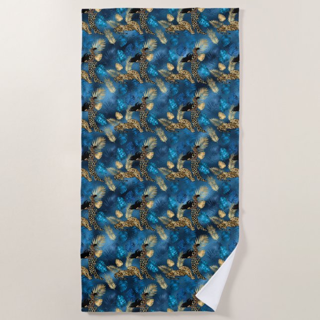 Blue and Gold Leopard Series Design 6 Beach Towel (Front)
