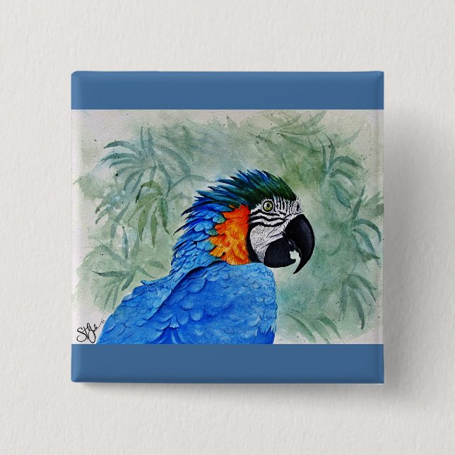 Blue and Gold Macaw 2 Inch Square Button (Front)