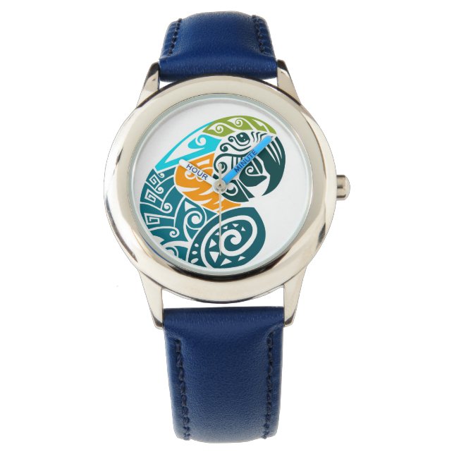 Blue and gold macaw tribal tattoo watch (Front)
