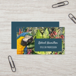 Blue and gold macaw watercolor painting business card