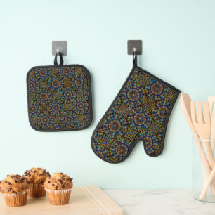 Blue and Gold Mandala Oven Mitt & Pot Holder Set