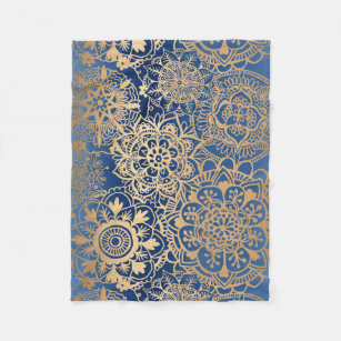 Blue and Gold Mandala Pattern Fleece Blanket