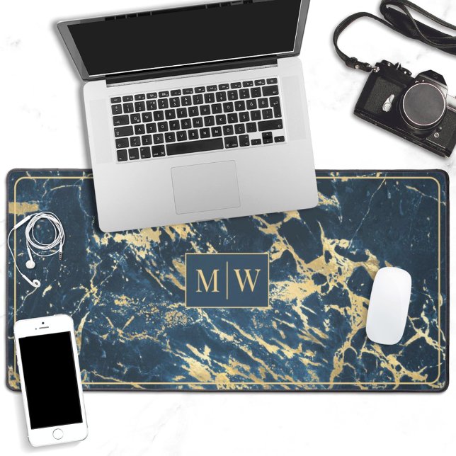 Blue and gold marble elegant monogram desk mat (Creator Uploaded)