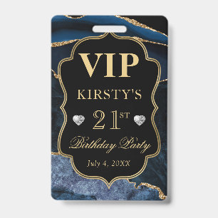 Blue and Gold Marble Glitter Agate Birthday VIP Badge