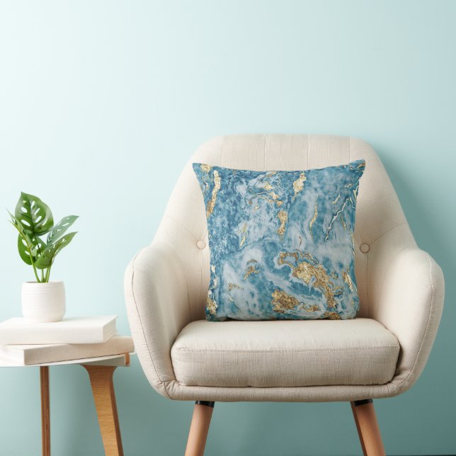 Blue and Gold Marble Luxury Abstract Throw Pillow (Chair)