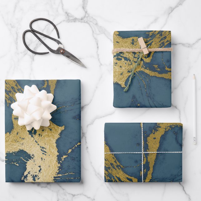 Blue and Gold Marble  Wrapping Paper Sheet (Front)