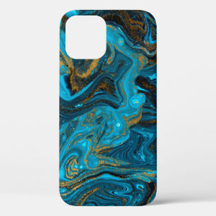 Blue and gold marbling pattern. Golden marble liqu iPhone 12 Case