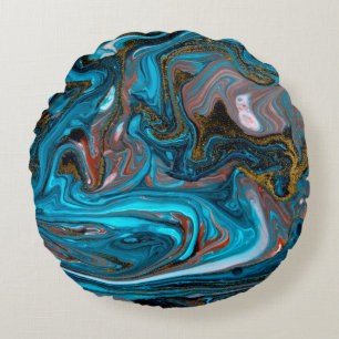Blue and gold marbling pattern. Golden marble liqu Round Pillow