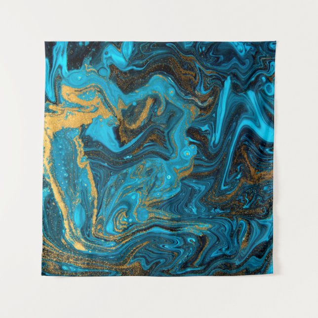 Blue and gold marbling pattern. Golden marble liqu Tapestry (Front)