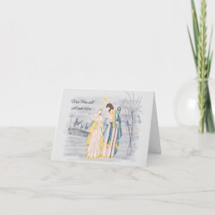Blue and gold Mary, Joseph and Jesus Holiday Card