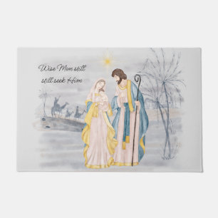 Blue and gold Mary, Joseph and Jesus Holiday Doormat