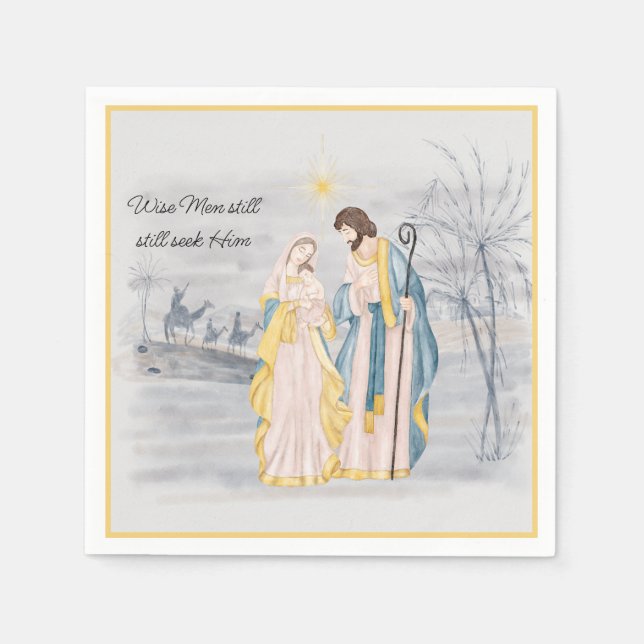 Blue and gold Mary, Joseph and Jesus Holiday  Napkin (Front)