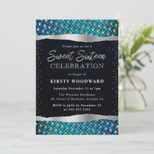 Blue and Gold Mermaid Scales Sweet 16 Invitation