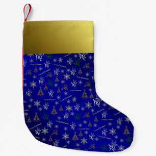 blue and gold merry christmas stocking