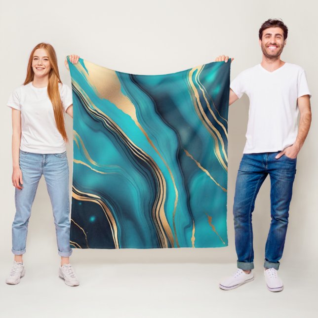  Blue and Gold Metallic Marble Stone  Fleece Blanket (In Situ)
