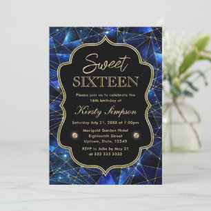 Blue and Gold Midnight Crystal Galaxy Sweet 16 Invitation