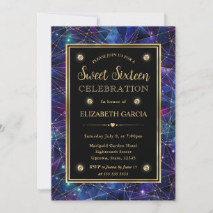 Blue and Gold Midnight Crystal Galaxy Sweet 16 Invitation