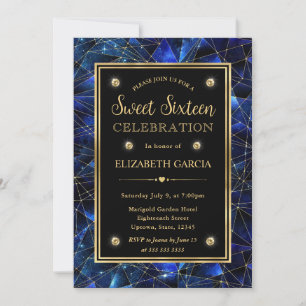 Blue and Gold Midnight Crystal Galaxy Sweet 16 Invitation
