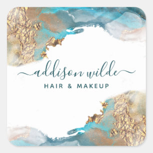 Blue And Gold Modern Art Liquid Watercolor Ink Square Sticker