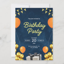 Blue And Gold Modern Birthday Party Invitation 