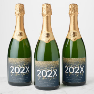Blue and gold modern script glitter graduation sparkling wine label