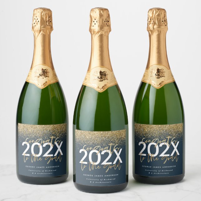 Blue and gold modern script glitter graduation  sparkling wine label (Bottles)