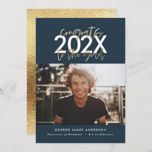 Blue and gold modern script graduation photo