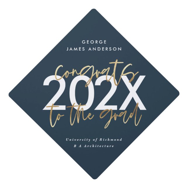 Blue and gold modern script photo graduation  graduation cap topper (Front)