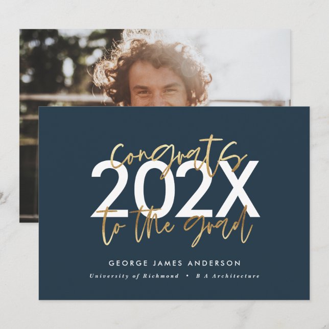 Blue and gold modern script photo graduation invitation (Front/Back)