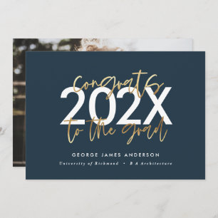 Blue and gold modern script photo graduation invitation