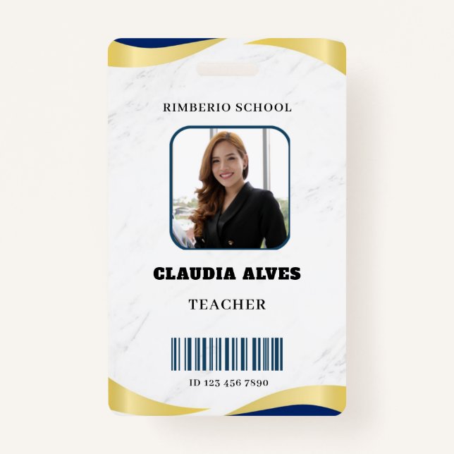 Blue and Gold Modern Teacher Portrait Company  Badge (Front)