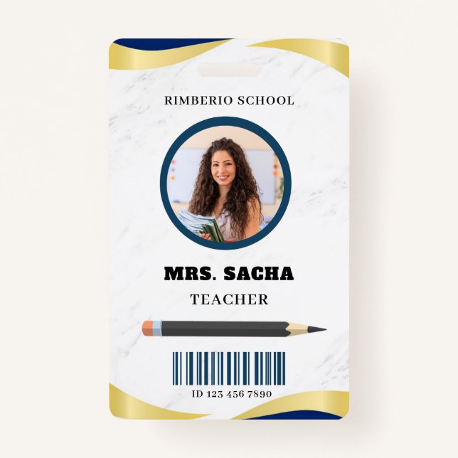 Blue and Gold Modern Teacher Portrait Company  Badge (Front)