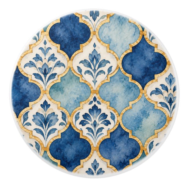 Blue and Gold Moroccan Tile Drawer Knob (Front)
