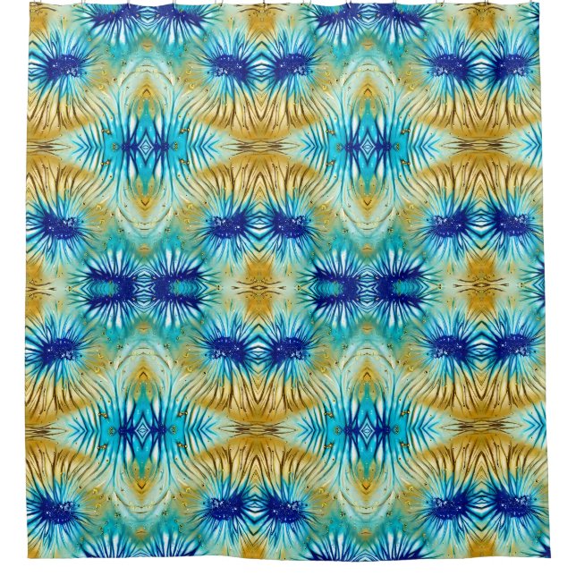 Blue and Gold Morphed Flower Shower Curtain (Front)