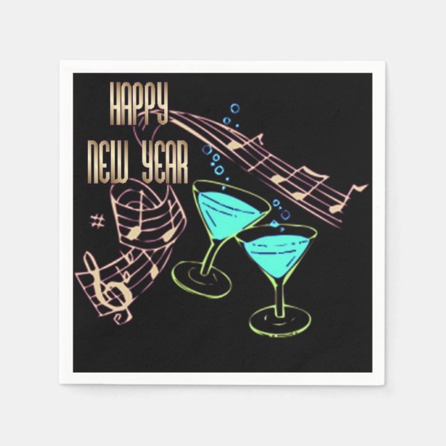 Blue and Gold Music and Cocktails New Year Napkins (Front)