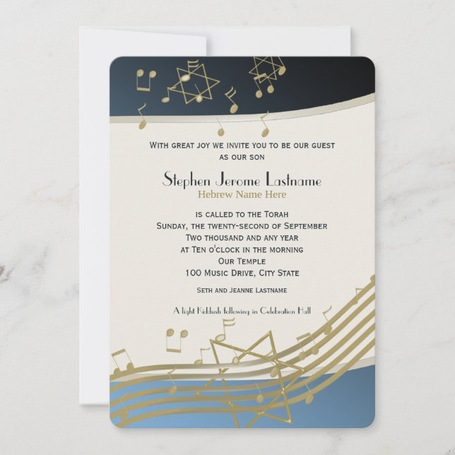Blue and Gold Music Bar Mitzvah Invitation (Front)