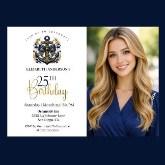 Blue and Gold Nautical Anchor 25th Birthday Photo Invitation